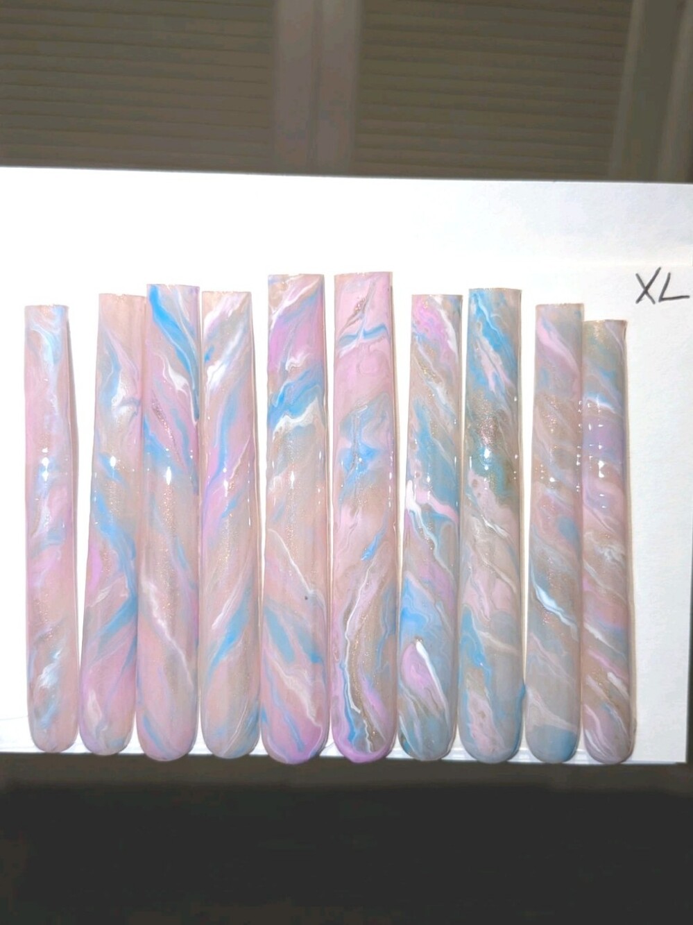 Hand Crafted 6Xl Pastel Marble Press-On Nails Set – Pink & Blue Swirl Sz X-LARGE